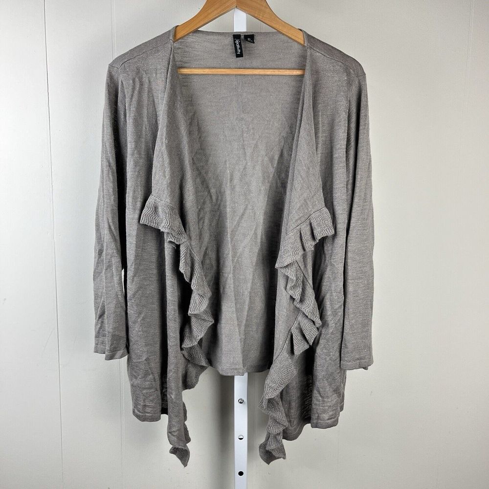 Relativity Cardigan Sweater Gray Open Front Ruffle Ramie Rayon Womens XL